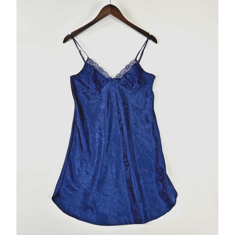 Vintage Adonna Womens Babydoll Lace Cami Slip‎ Dress Size S Navy Blue Satin